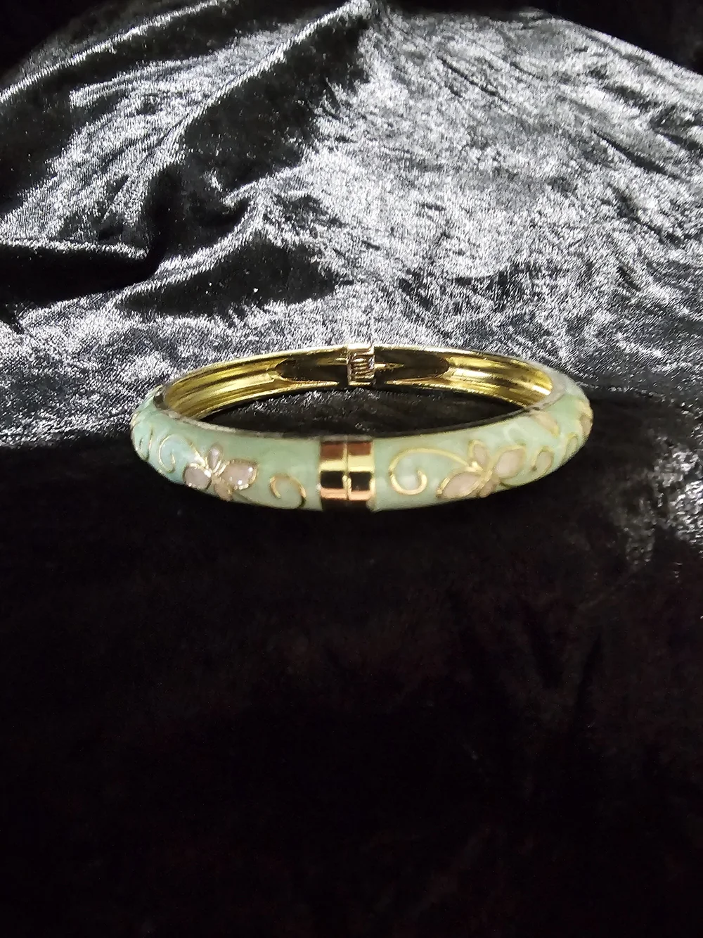 Gold-Plated Mint Green Floral Enamel Hinged Bangle Bracelet